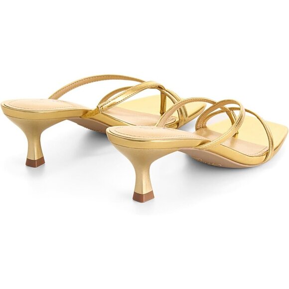 Athlefit Women's Gold Polyurethane Square Open Toe Kitten Heels Thong Sandals - Picture 5 of 6